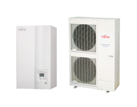 Fujitsu Waterstage High Power levegő-víz hőszivattyú beltéri egysége és kétventilátoros kültéri egysége